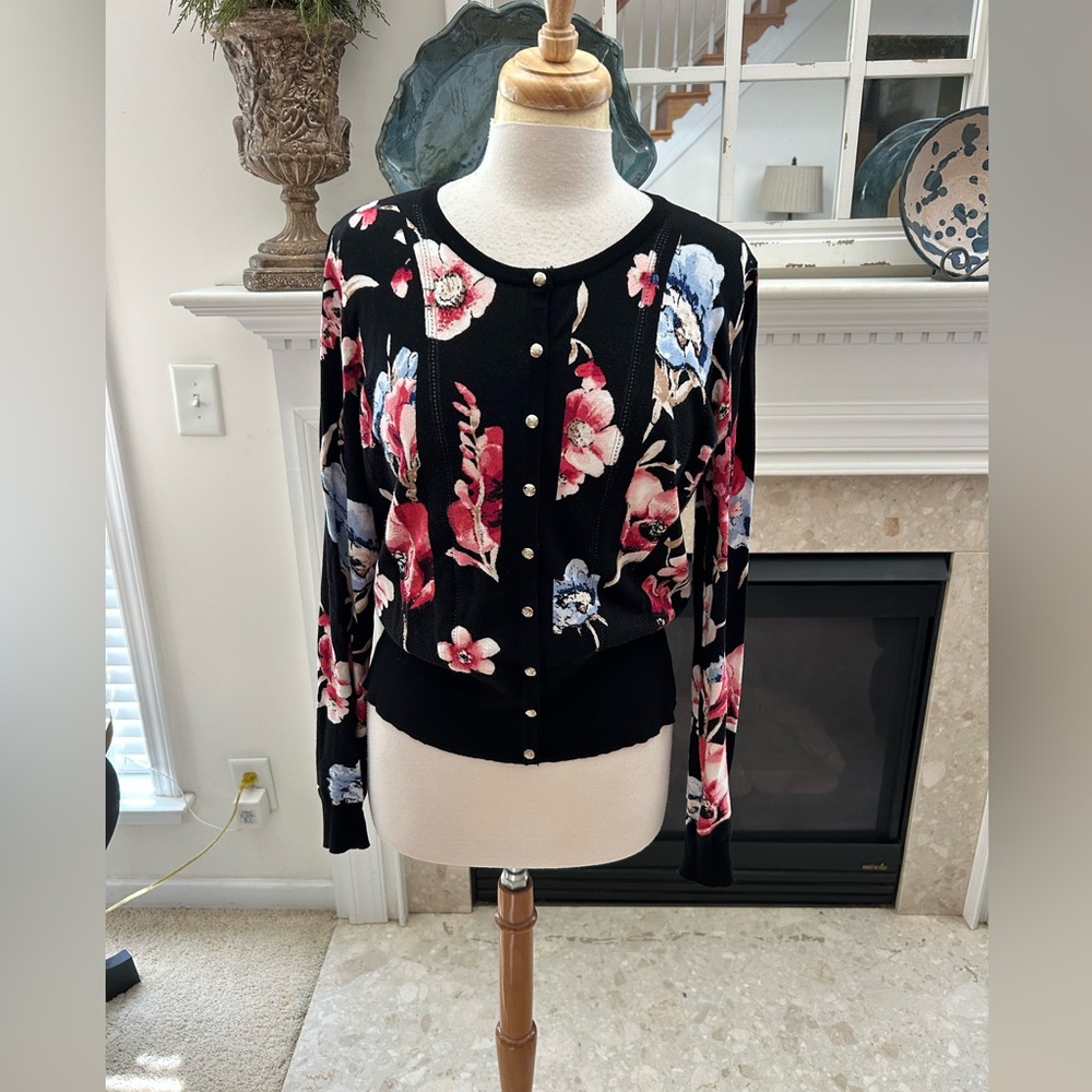 White House Black Market Black Floral Cardigan